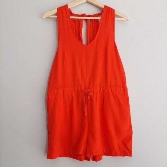 REVAMPED Linen Blend Romper Open Back Red Sz S - Picture 2 of 10
